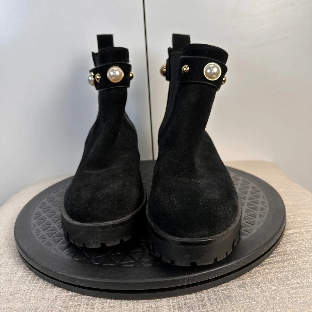 Karl Lagerfeld Paris Wmns‎ 7M Black Suede Pearl Embellished Chelsea Boots Luxury